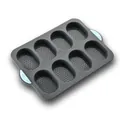 Perforated grey silicone baking mold with 8 oval cavities for French bread and cakes. - 8-Slot Bread Mold / Gray