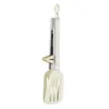 Cream silicone food tongs with stainless steel handle and built-in stand for kitchen - White