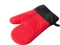 Heat resistant red silicone oven mitt with black fabric cuff and non-slip texture - Red