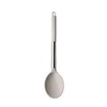 Heat-resistant silicone cooking spoon with stainless steel handle and hanging loop in beige - Small Soup Spoon