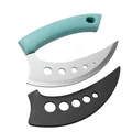 Stainless steel herb mezzaluna cutter with protective cover and teal handle - Teal