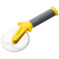 Vertical pizza cutter with stainless steel blade and protective guard in yellow and gray. - Yellow