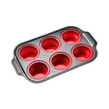 6-Cup non-stick cupcake baking pan with red silicone liners for muffins and cakes - 6-Cup Muffin Pan / Red