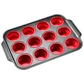 12-cup muffin pan with non-stick carbon steel frame and red silicone cupcake liners - 12-Hole Baking Tray / Red