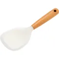 Non-stick white silicone rice scoop paddle with a natural heat-resistant wooden handle - Clear White