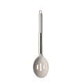 Heat resistant beige silicone slotted spoon with stainless steel handle and hanging loop - Slotted Spoon