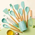 11-piece mint green silicone kitchen utensil set with durable handles and storage bucket - Lake Green