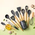 11-piece grey silicone kitchen utensil set with wood-texture PP handles and storage bucket - Dark Gray