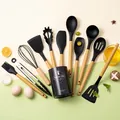 11-piece black silicone kitchen utensil set with wooden handles and storage bucket - Black