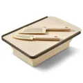 Multifunctional folding cutting board and drain basket set with two knives in beige finish - Three-Piece Set / Khaki