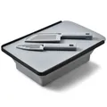 Multifunctional gray foldable drain basket and cutting board set with two knives - Three-Piece Set / Gray