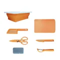 Orange portable collapsible drain basket and cutting board set for kitchen and camping - 7-piece Set / Orange