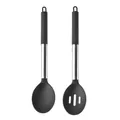 Ensemble professionnel de cuillère pleine et écumoire en silicone noir avec manches inox - Ensemble deux pièces / Gris