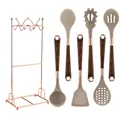 Professional 7-piece silicone kitchen utensil set with wood grain handles and rose gold rack - 7-Piece Set With Wire Stand / White