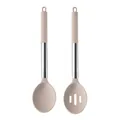 Lot de cuillères en silicone beige avec manches en acier inoxydable pour cuisine - Ensemble deux pièces / Kaki