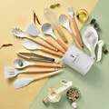 34-piece white silicone kitchen utensil set with wooden handles and storage bucket - White