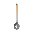 Grey silicone slotted spoon with natural oak wood handle for non-stick cookware. - Slotted Spoon / Dark Gray