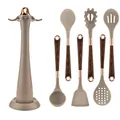 7-piece grey silicone kitchen utensil set with wood grain handles and stand - 7-Piece Set With Plastic Stand / White