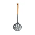 Durable silicone kitchen skimmer with natural oak wood handle for non-stick cookware - Skimmer / Dark Gray