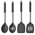 Set d'ustensiles de cuisine en silicone noir avec manches en inox pour la cuisson - Set de 4 pièces / Gris