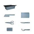 Gray collapsible kitchen tool set including cutting board, knives, and drain basket - 7-piece Set / Gray