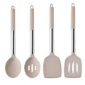 Élégant ensemble d'ustensiles de cuisine en silicone beige avec manches en inox - Set de 4 pièces / Kaki