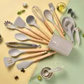 Complete 34-piece silicone kitchen utensil set with wooden handles in beige grey finish - Khaki