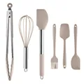 Set de 6 ustensiles de cuisine en silicone kaki avec manches en inox sur fond blanc - 6 Pièces A / Kaki