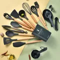 Premium 34-piece silicone kitchen utensil set with wooden handles and storage bucket - Dark Gray