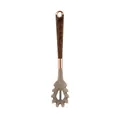 Silicone pasta server with wood grain handle and rose gold accents on white background. - Pasta Server