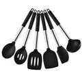 Lot de 6 ustensiles de cuisine en silicone noir avec des manches en acier inoxydable - Set de 6 Pièces B / Noir