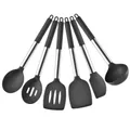 Set d'ustensiles de cuisine en silicone noir avec manches robustes en acier inoxydable - Set de 6 Pièces B / Gris