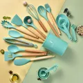 34-piece mint green silicone kitchen utensil set with wooden handles and storage bucket - Lake Green