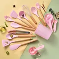 34-piece pink silicone kitchen utensil set with natural wooden handles and storage bucket - Pink