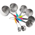 Stainless steel measuring cups and spoons set with colored handles in fan layout. - 8 Piece Measuring Cup Kit