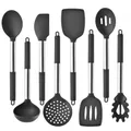 Ensemble de 8 ustensiles de cuisine en silicone noir avec manches en acier inoxydable - Ensemble de 8 pièces / Gris