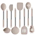 Set de 8 ustensiles de cuisine en silicone beige avec manches en acier inoxydable durable - Ensemble de 8 pièces / Kaki