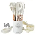 Set di 32 utensili da cucina in silicone bianco crema con manici in legno - Set da 32 pezzi / Bianco