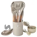Set completo di 32 utensili da cucina in silicone kaki con manici in legno naturale - Set da 32 pezzi / Kaki