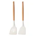 Two-piece silicone kitchen utensil set with natural wood handles for non-stick pans - Wooden Handle Set / White