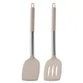 Durable 2-piece silicone kitchen utensil set with stainless steel handles in creamy beige - Two-Piece Set / Khaki