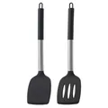 Professional 2-piece black silicone and stainless steel spatula and slotted turner set - Two-Piece Set / Black
