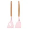 Pink silicone spatula and slotted turner set with ergonomic wooden handles for cooking - Wooden Handle Set / Pink
