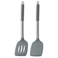 Premium grey silicone spatula and slotted turner set with stainless steel handles - Two-Piece Set / Gray