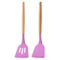 Purple silicone spatula and slotted turner set with natural wood handles for non-stick pans - Wooden Handle Set / Purple
