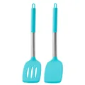 Bright turquoise silicone spatula and slotted turner set with 430 stainless steel handles - Two-Piece Set / Light Blue