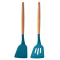 Professional two-piece silicone spatula set with wooden handles in deep teal blue - Wooden Handle Set / Ink Blue