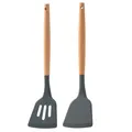 Grey silicone kitchen utensil set with wooden handles featuring a spatula and slotted turner - Wooden Handle Set / Dark Gray
