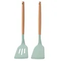 2-piece mint green silicone kitchen utensil set with ergonomic wooden handles - Wooden Handle Set / Aqua Green