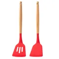 Red silicone spatula and slotted turner set with natural wood handles - Wooden Handle Set / Red